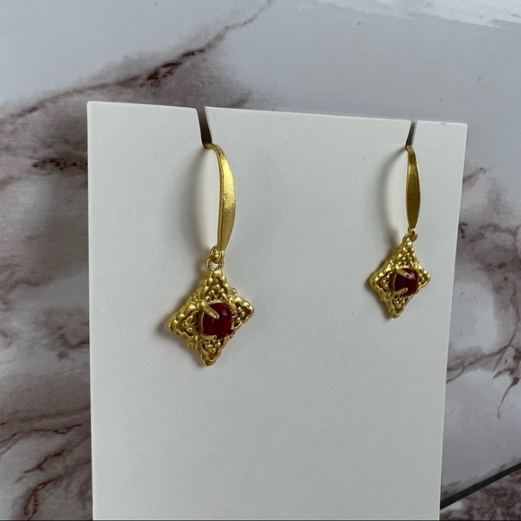 Dainty Red and Gold Natural Stone Earrings - Picture 2 of 5